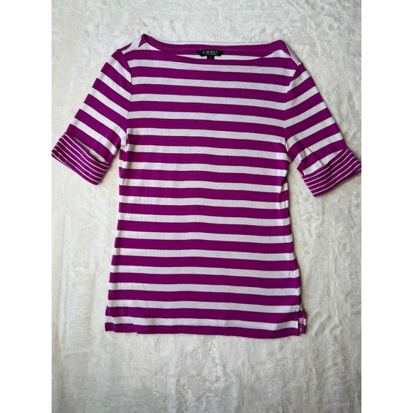 Lauren Ralph Lauren Tops - Lauren Ralph Lauren Magenta Pink White Striped Boat Neck Top Short Sleeve Medium